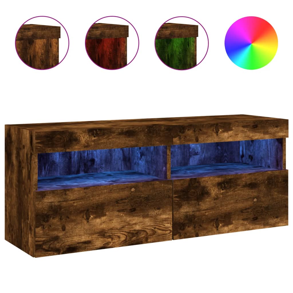 Meuble TV mural avec lumières LED chêne fumé 100x30x40 cm - XIOS