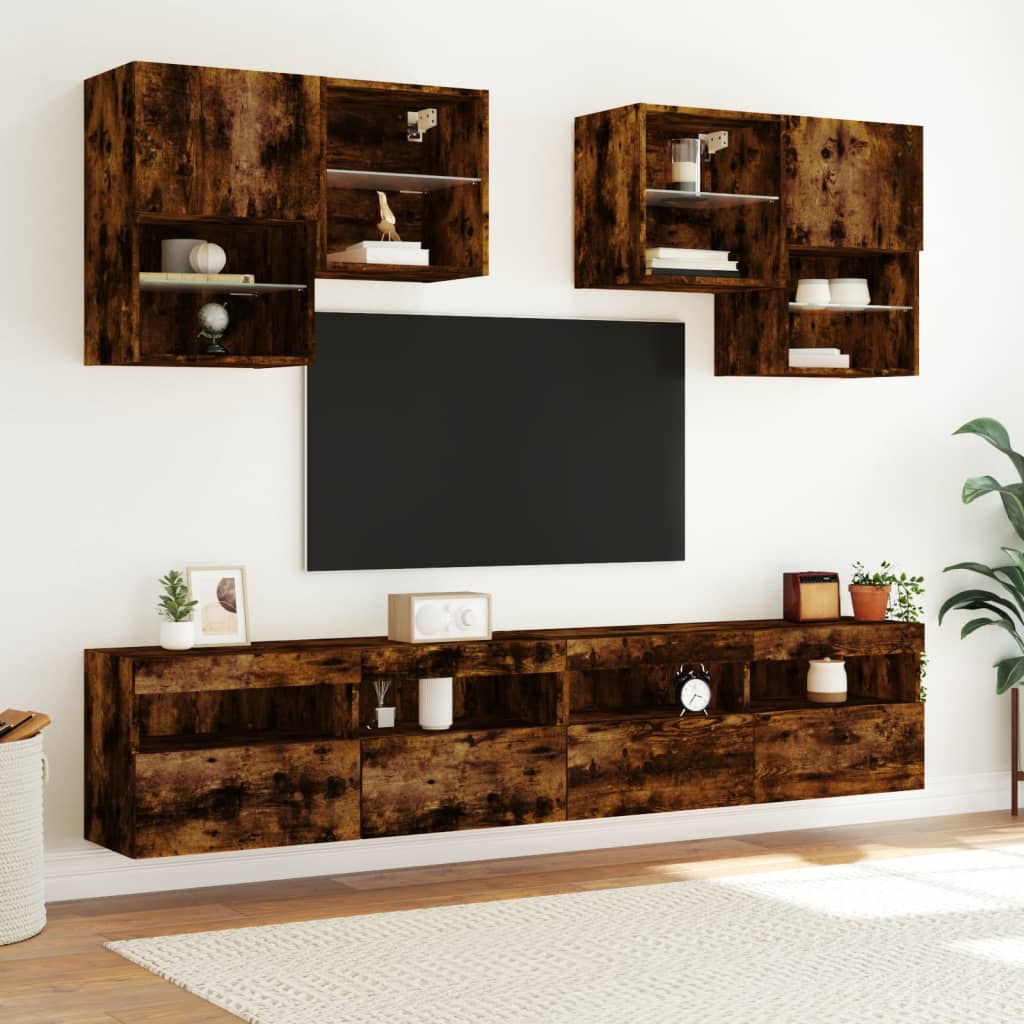 Meuble TV mural avec lumières LED chêne fumé 100x30x40 cm