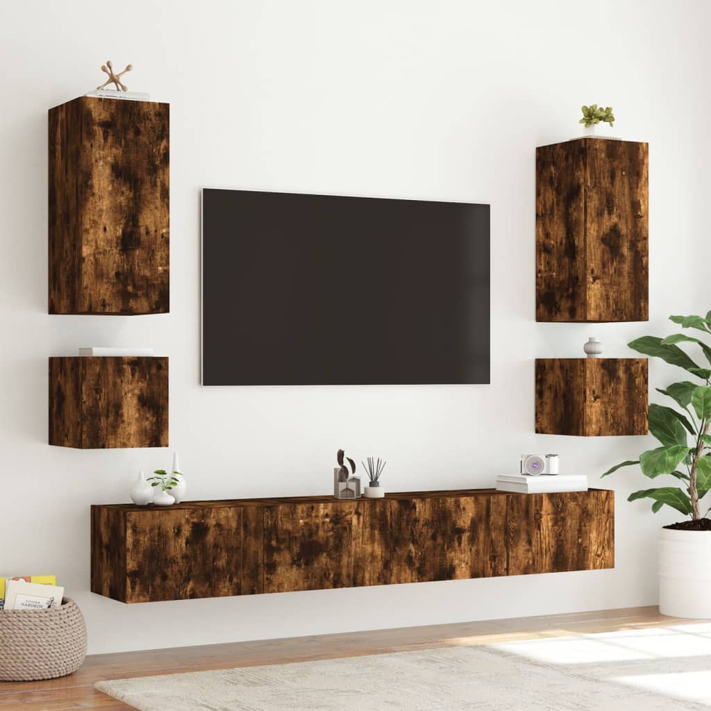Meubles TV muraux et lumières LED 2pcs chêne fumé 40,5x35x40 cm - XIOS