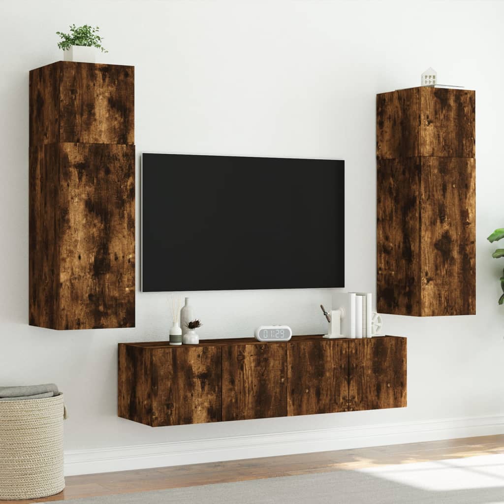 Meubles TV muraux et lumières LED 2pcs chêne fumé 80x35x31 cm - XIOS