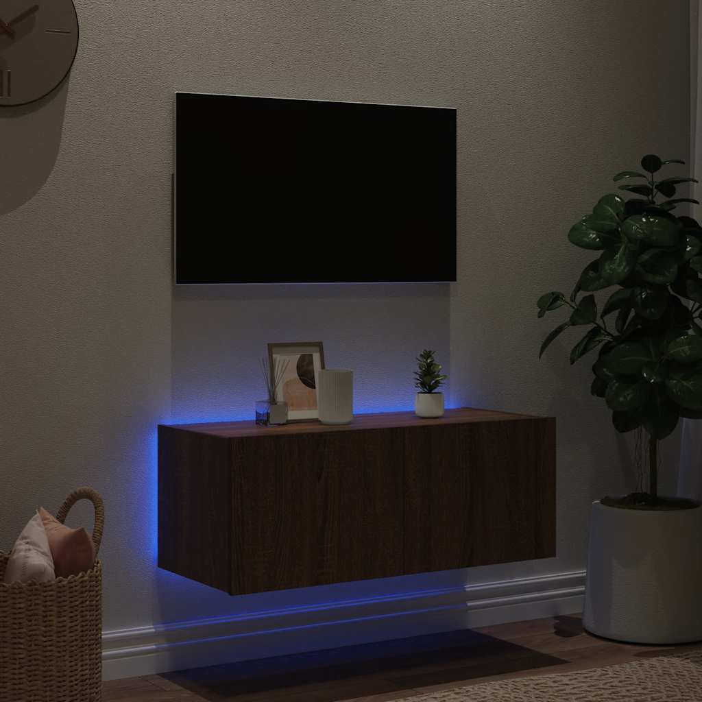 Meuble TV mural avec lumières LED chêne marron 80x35x31 cm - XIOS