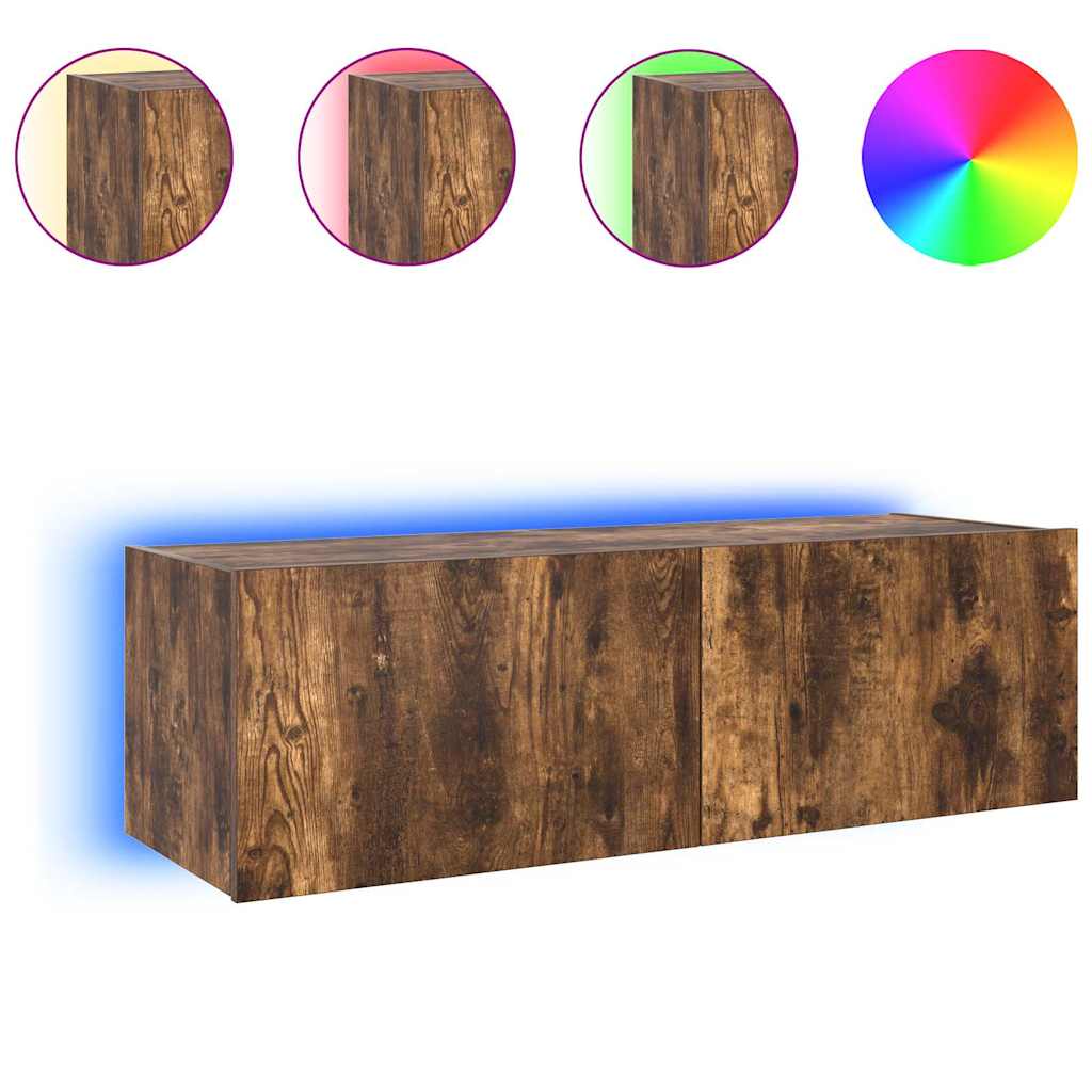 Meuble TV mural avec lumières LED chêne fumé 100x35x31 cm - XIOS