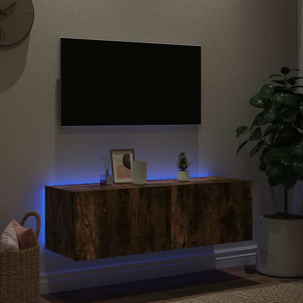 Meuble TV mural avec lumières LED chêne fumé 100x35x31 cm - XIOS