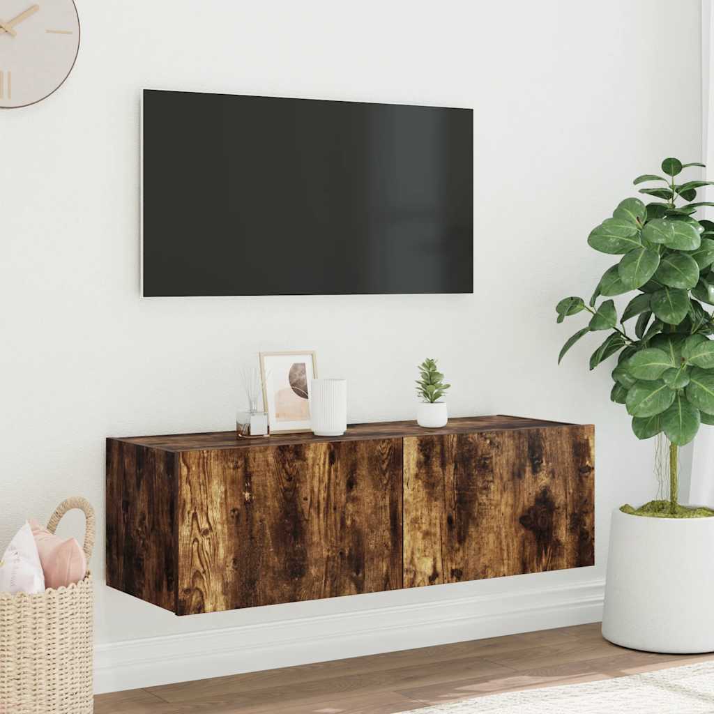 Meuble TV mural avec lumières LED chêne fumé 100x35x31 cm - XIOS