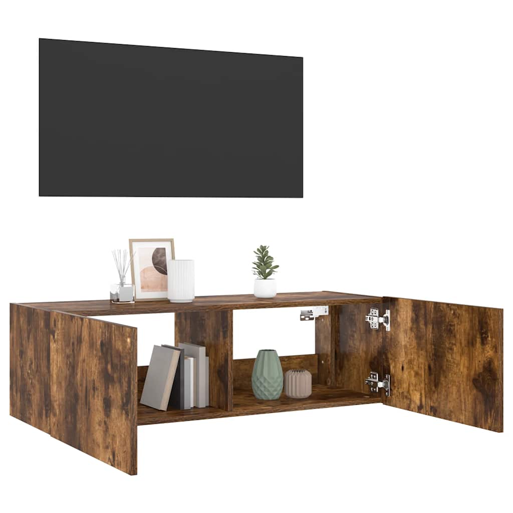 Meuble TV mural avec lumières LED chêne fumé 100x35x31 cm - XIOS