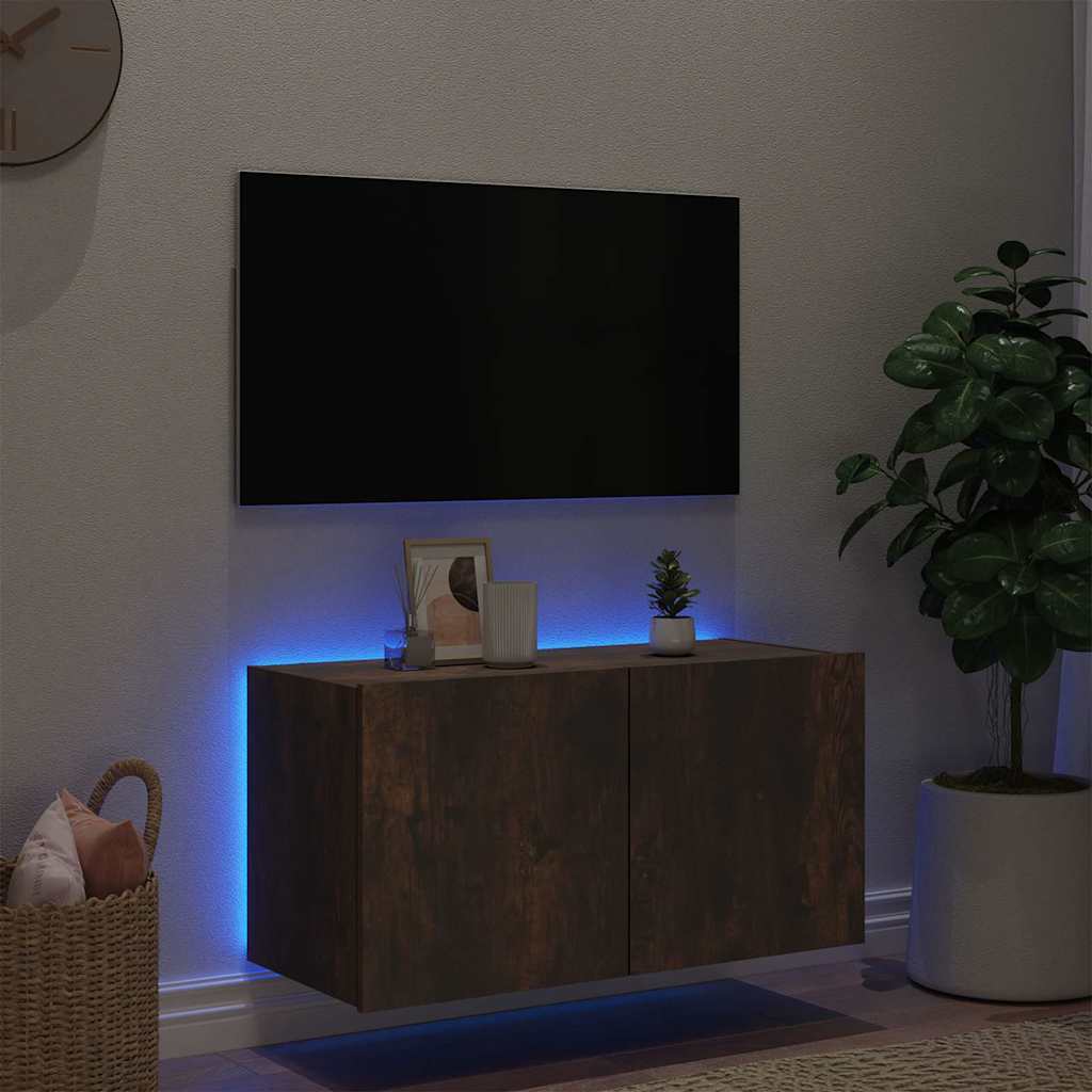 Meuble TV mural avec lumières LED chêne fumé 80x35x41 cm - XIOS