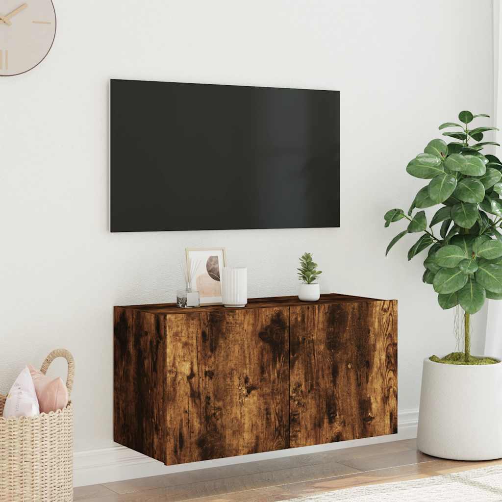 Meuble TV mural avec lumières LED chêne fumé 80x35x41 cm - XIOS
