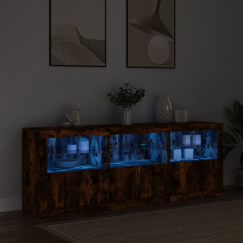 Buffet avec lumières LED chêne fumé 181,5x37x67 cm