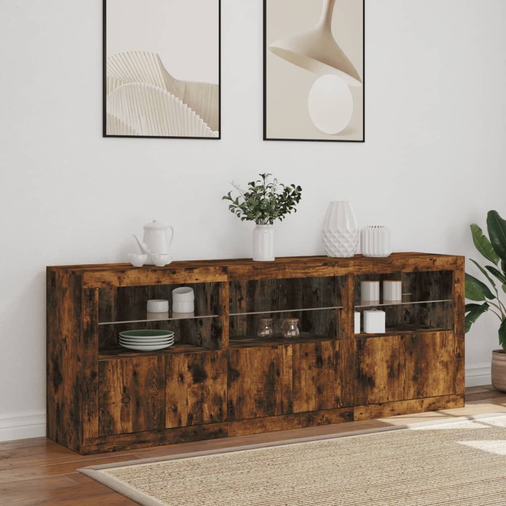 Buffet avec lumières LED chêne fumé 181,5x37x67 cm