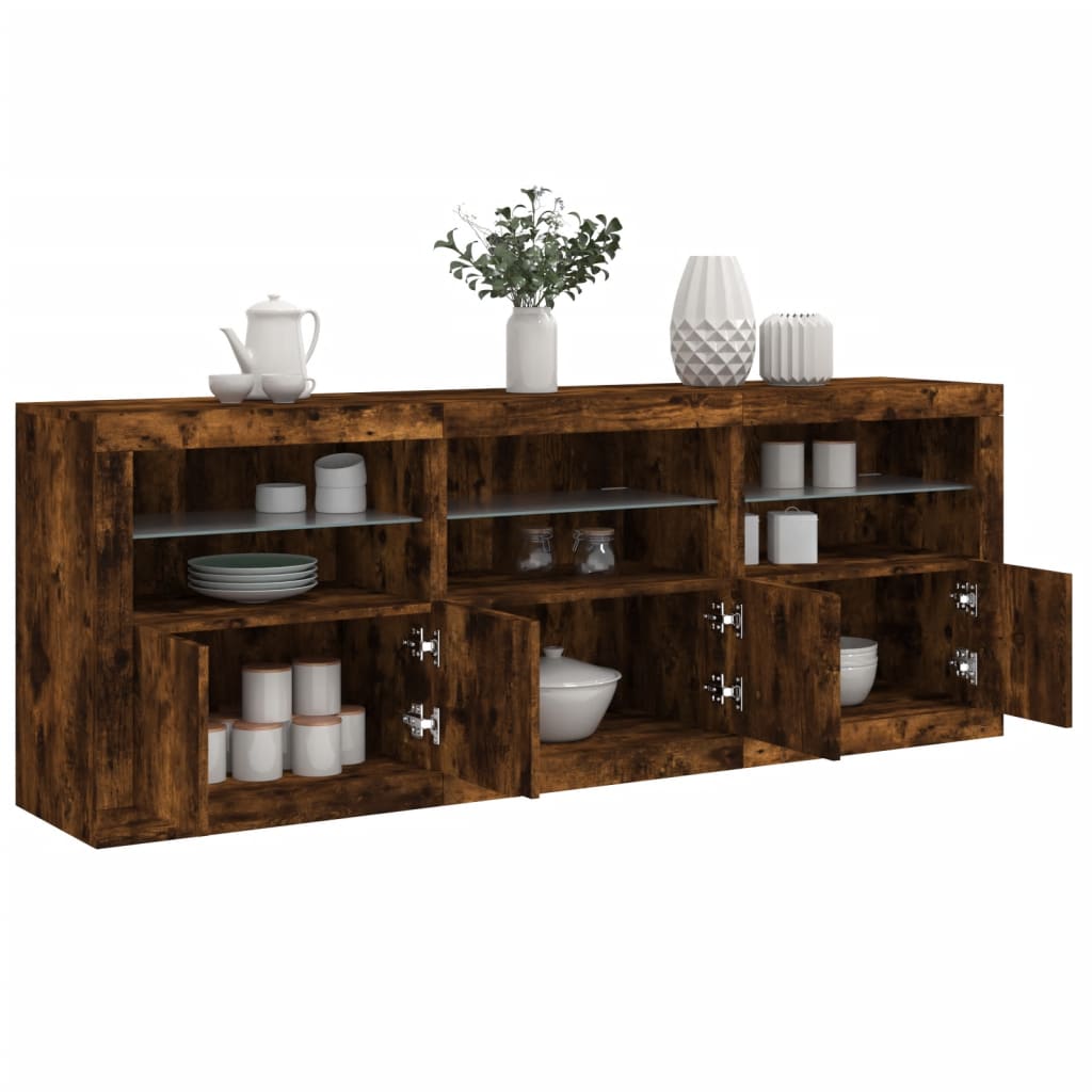 Buffet avec lumières LED chêne fumé 181,5x37x67 cm