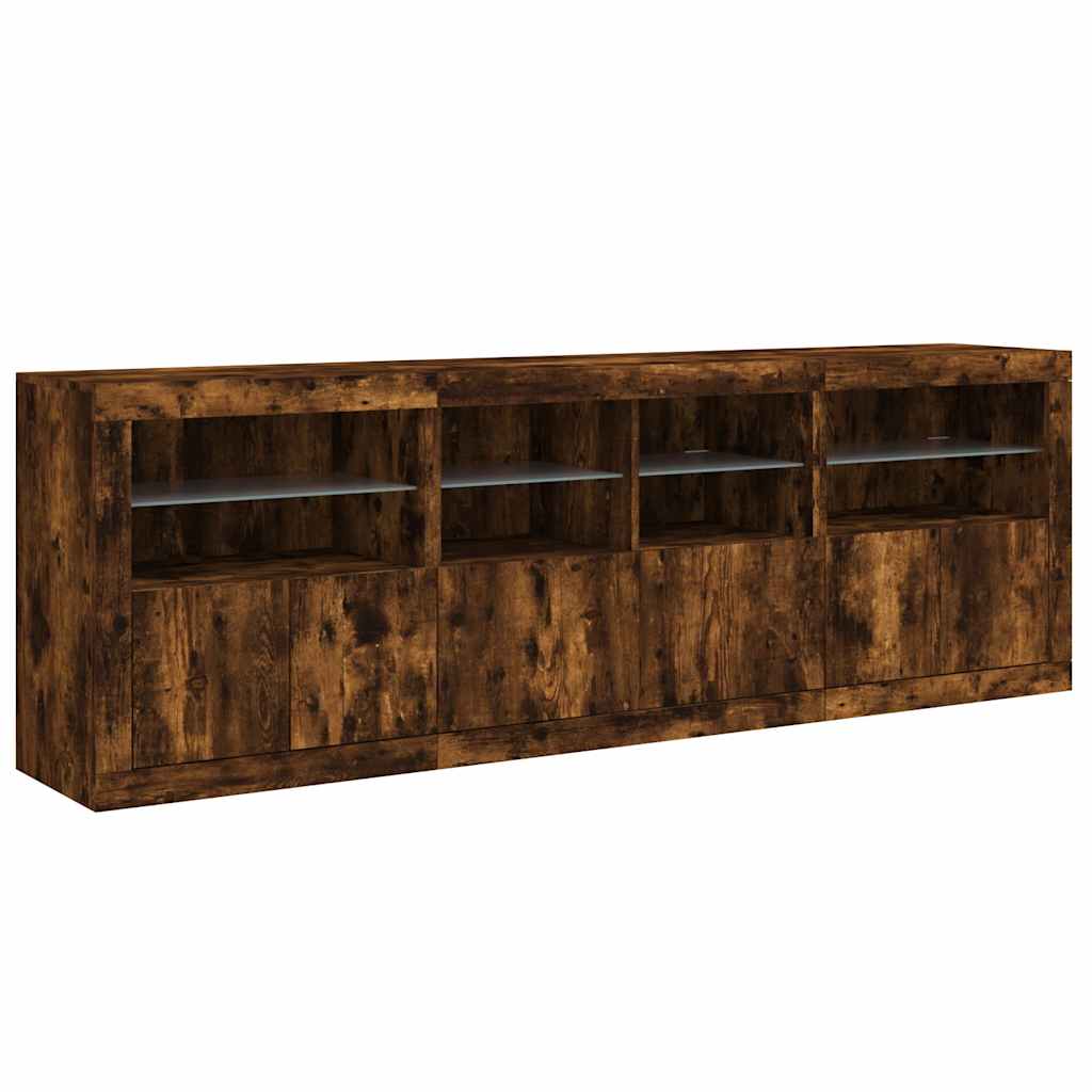 Buffet avec lumières LED chêne fumé 202x37x67 cm