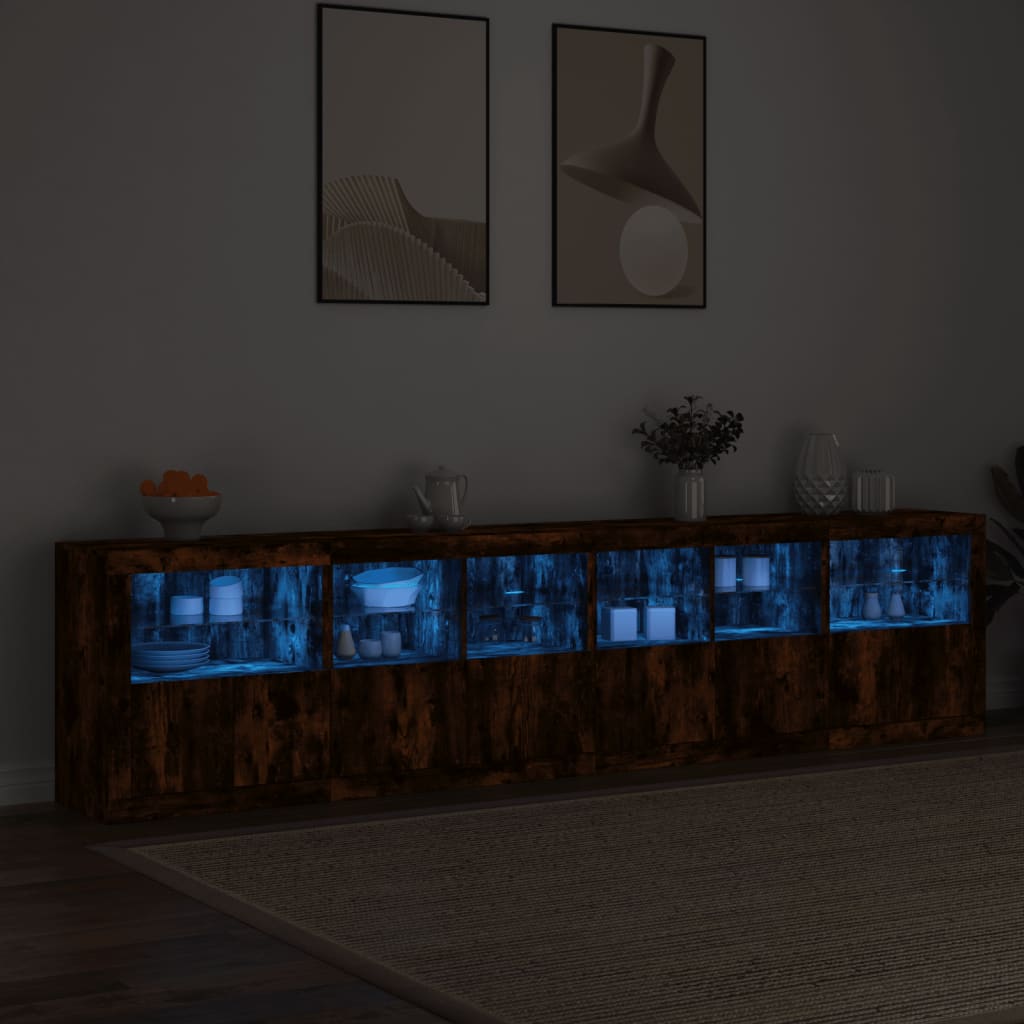 Buffet avec lumières LED chêne fumé 283x37x67 cm
