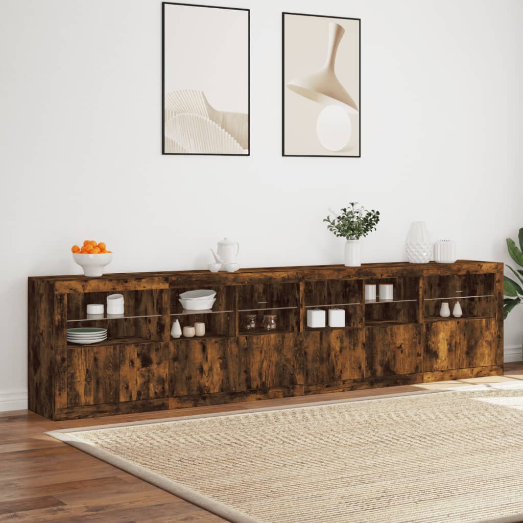 Buffet avec lumières LED chêne fumé 283x37x67 cm