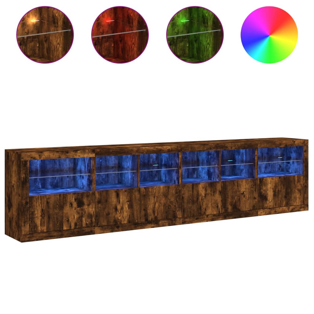 Buffet avec lumières LED chêne fumé 283x37x67 cm