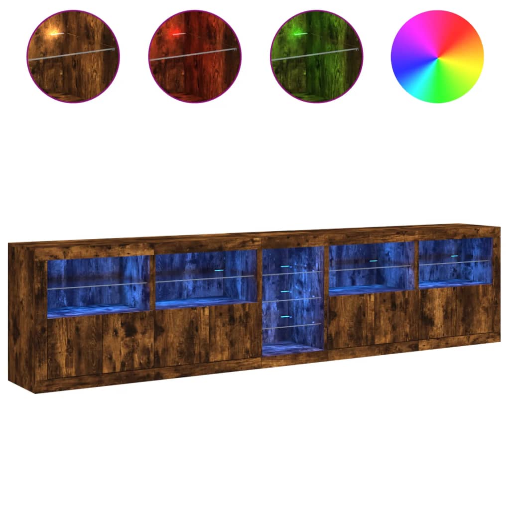 Buffet avec lumières LED chêne fumé 283x37x67 cm