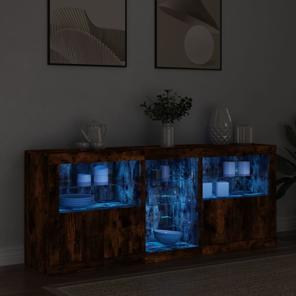 Buffet avec lumières LED chêne fumé 162x37x67 cm
