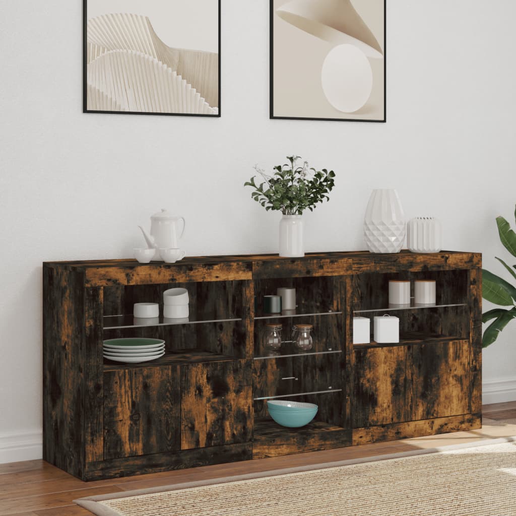 Buffet avec lumières LED chêne fumé 162x37x67 cm