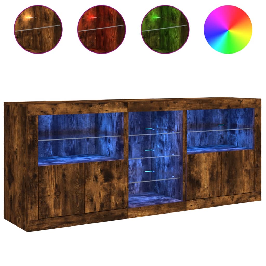 Buffet avec lumières LED chêne fumé 162x37x67 cm
