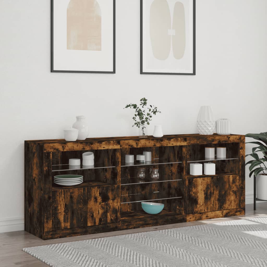 Buffet avec lumières LED chêne fumé 181,5x37x67 cm