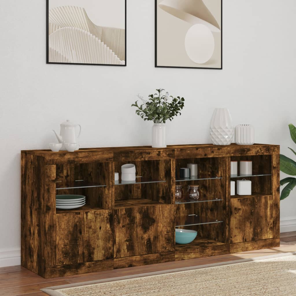 Buffet avec lumières LED chêne fumé 164x37x67 cm