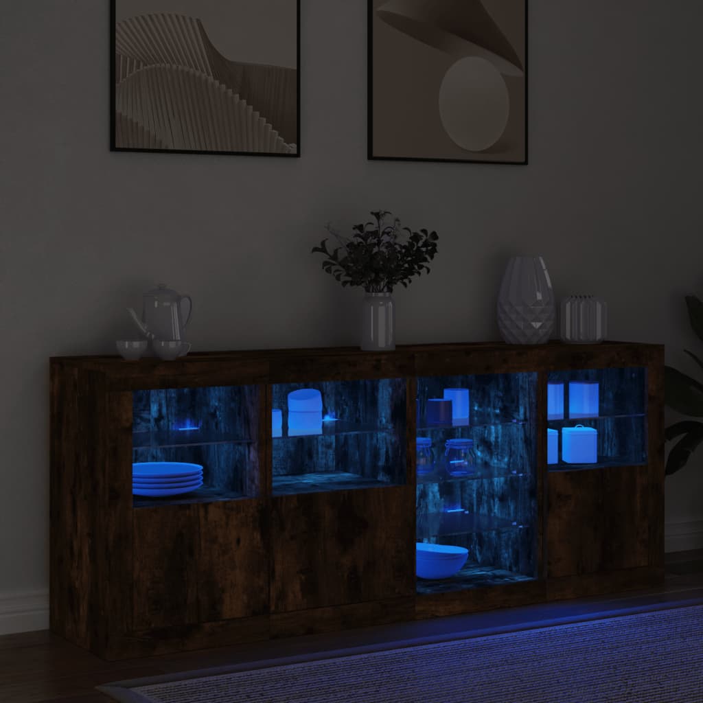 Buffet avec lumières LED chêne fumé 164x37x67 cm