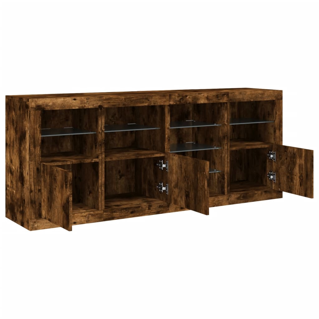 Buffet avec lumières LED chêne fumé 164x37x67 cm