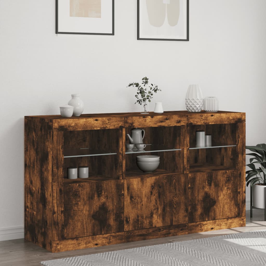 Buffet avec lumières LED chêne fumé 123x37x67 cm