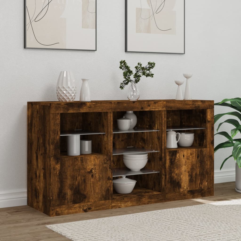 Buffet avec lumières LED chêne fumé 123x37x67 cm