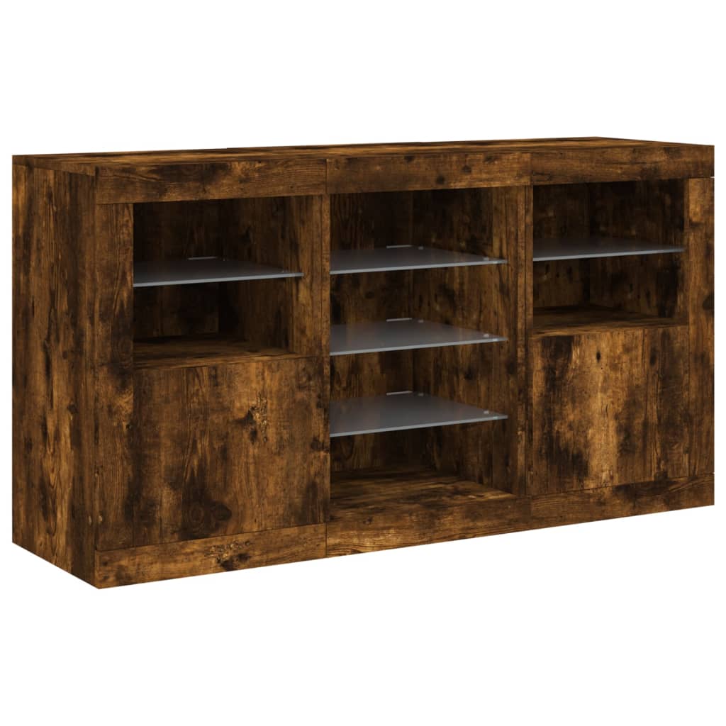 Buffet avec lumières LED chêne fumé 123x37x67 cm