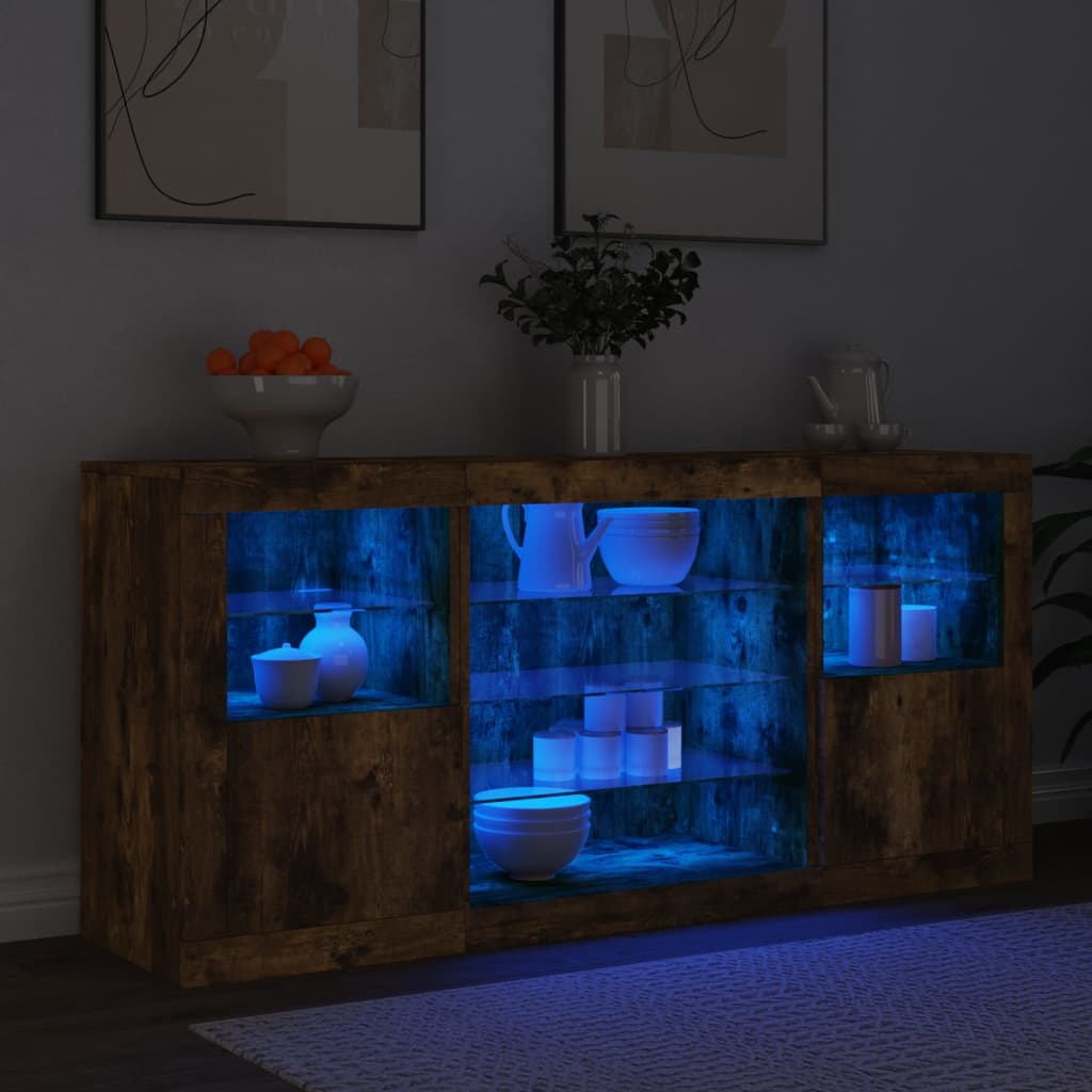 Buffet avec lumières LED chêne fumé 142,5x37x67 cm