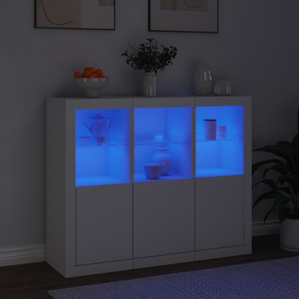 Buffets avec lumières LED 3 pcs blanc bois d'ingénierie