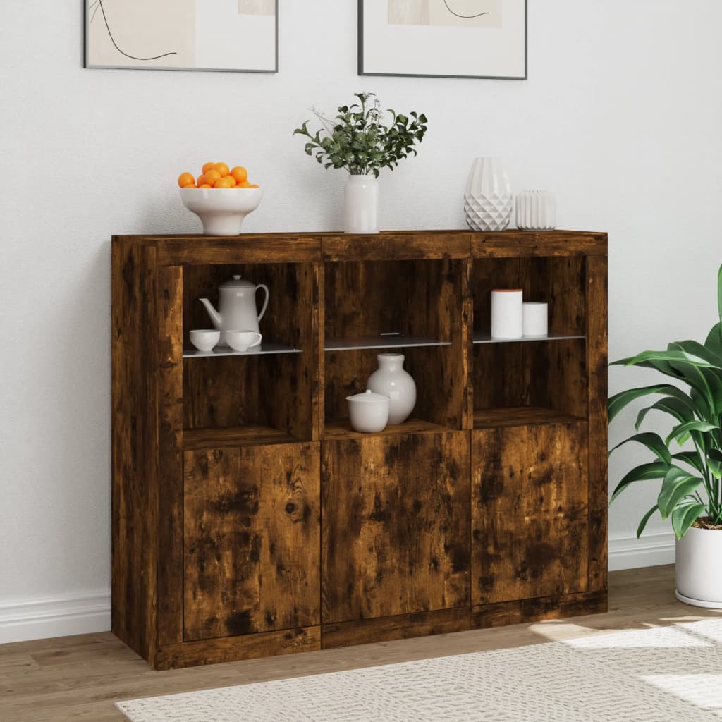 Buffets avec lumières LED 3 pcs chêne fumé bois d'ingénierie - XIOS