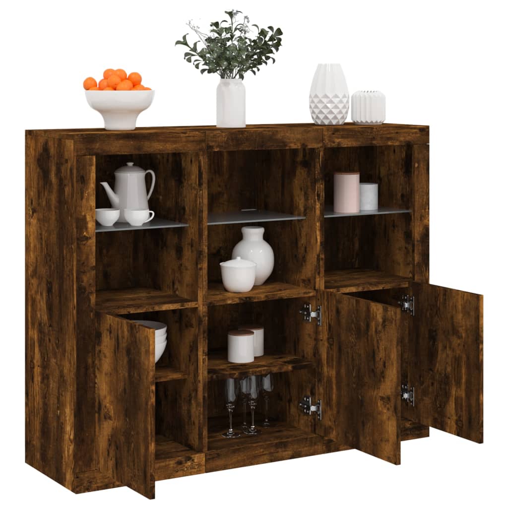Buffets avec lumières LED 3 pcs chêne fumé bois d'ingénierie - XIOS