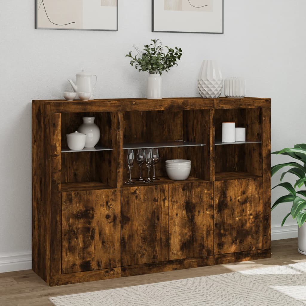 Buffets avec lumières LED 3 pcs chêne fumé bois d'ingénierie - XIOS