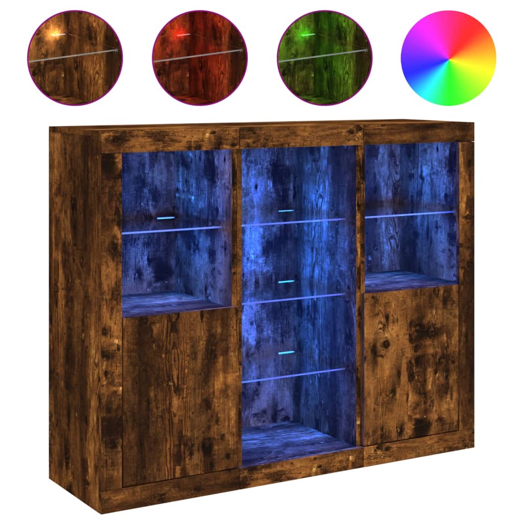 Buffets avec lumières LED 3 pcs chêne fumé bois d'ingénierie - XIOS
