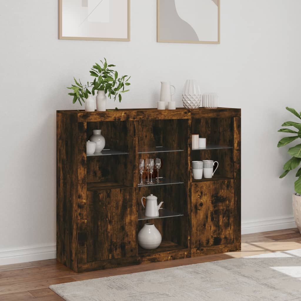 Buffets avec lumières LED 3 pcs chêne fumé bois d'ingénierie - XIOS