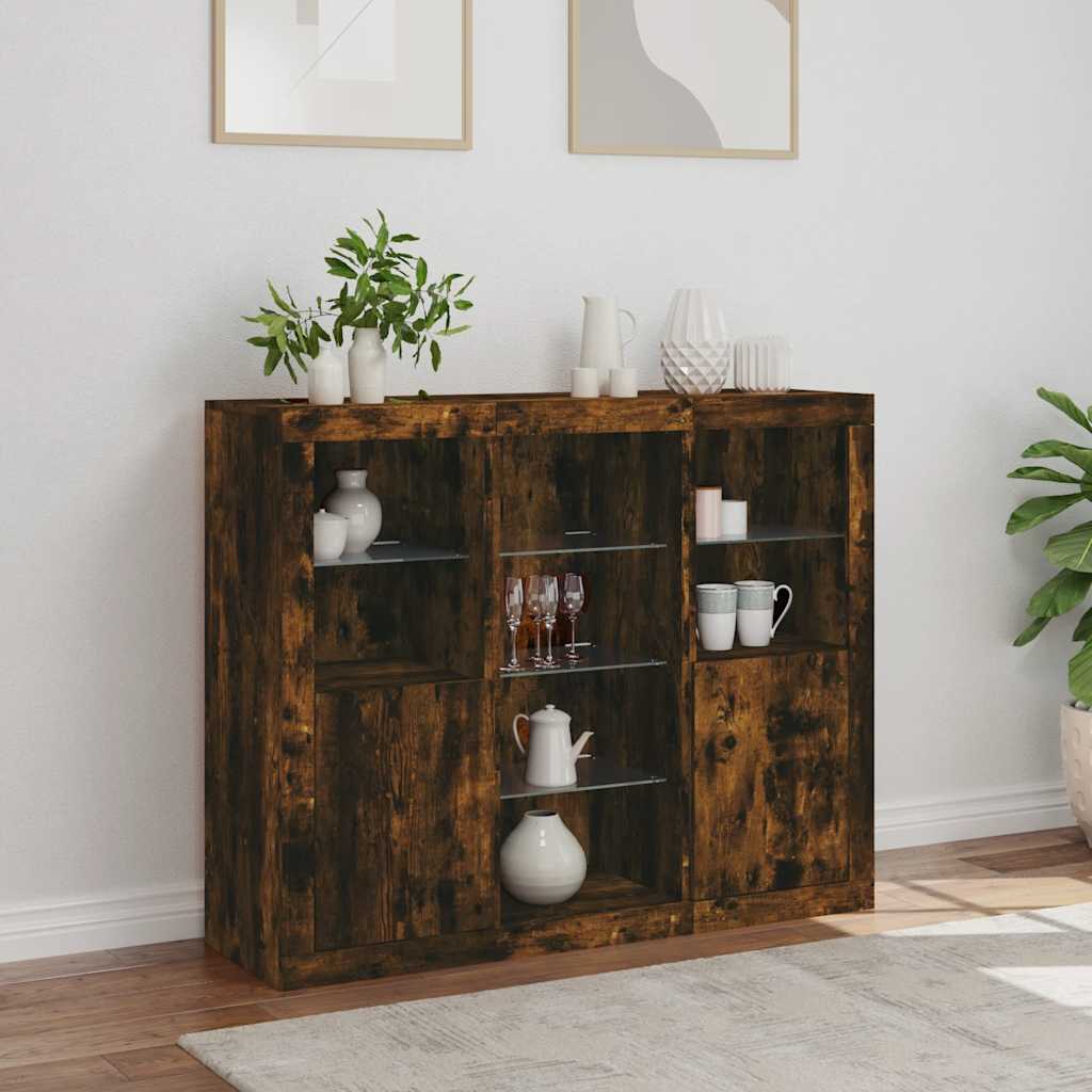 Buffets avec lumières LED 3 pcs chêne fumé bois d'ingénierie - XIOS