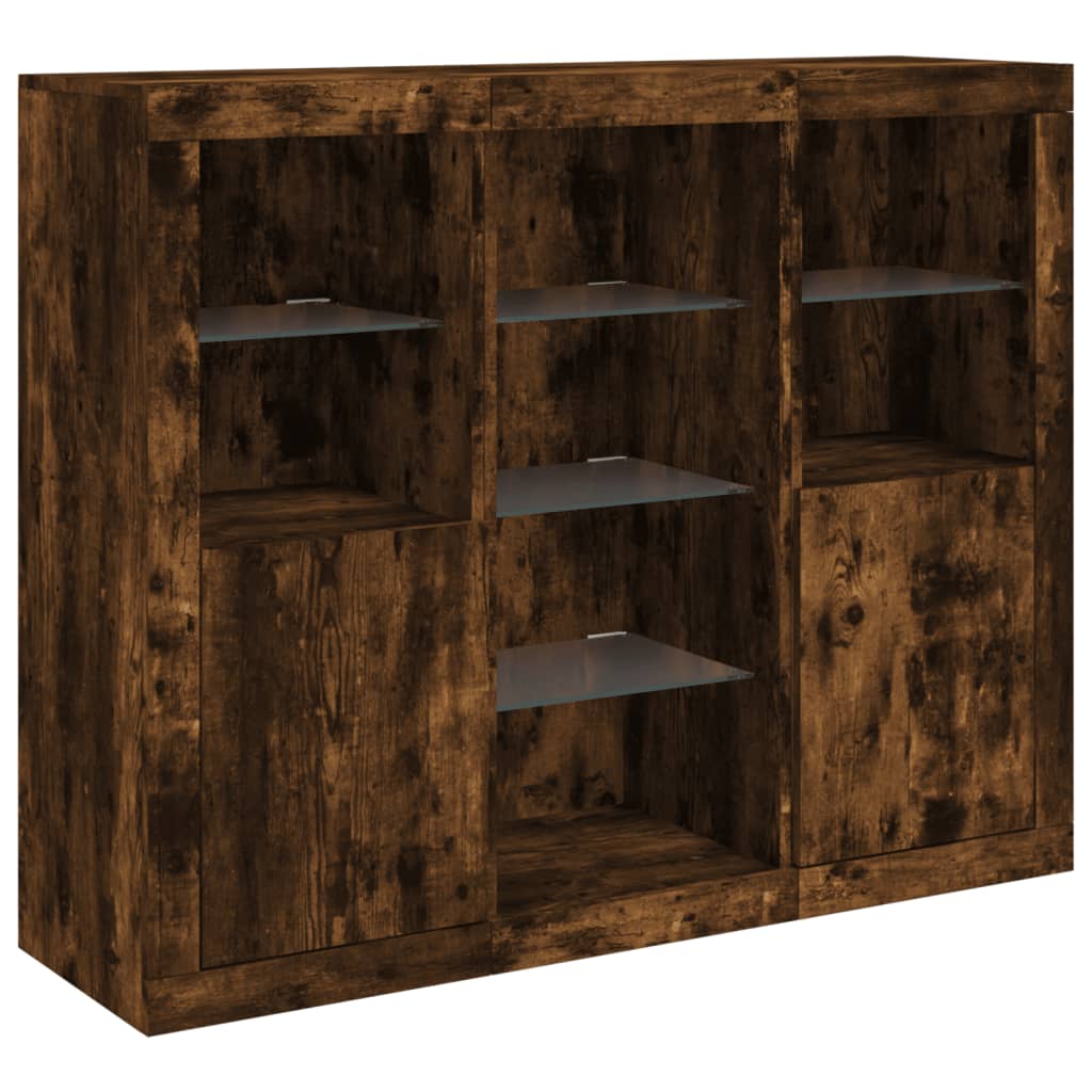 Buffets avec lumières LED 3 pcs chêne fumé bois d'ingénierie - XIOS
