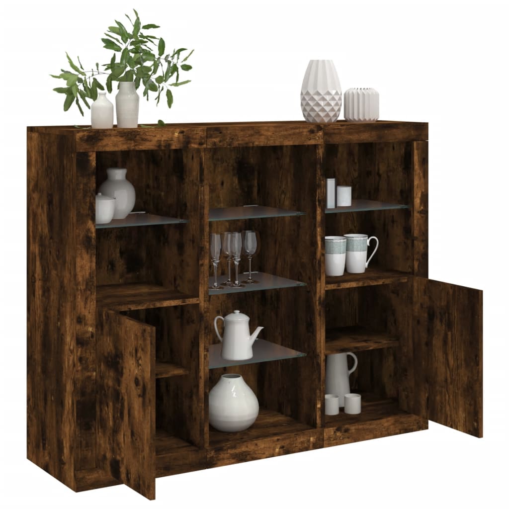 Buffets avec lumières LED 3 pcs chêne fumé bois d'ingénierie - XIOS