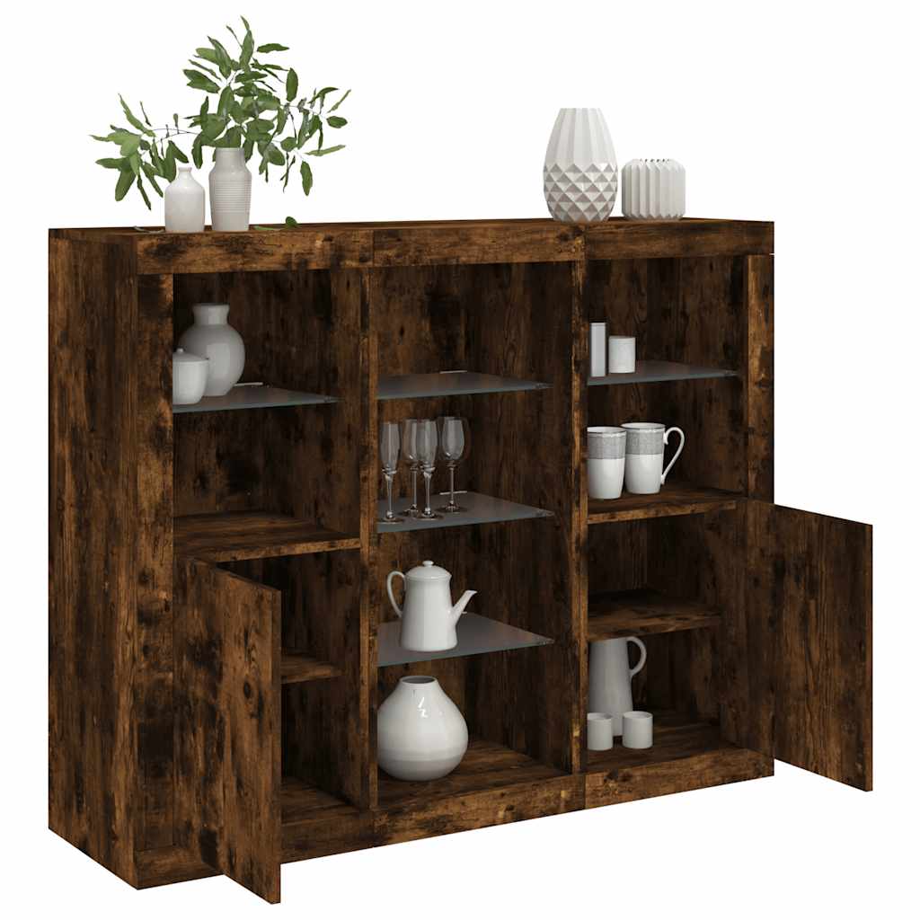 Buffets avec lumières LED 3 pcs chêne fumé bois d'ingénierie - XIOS