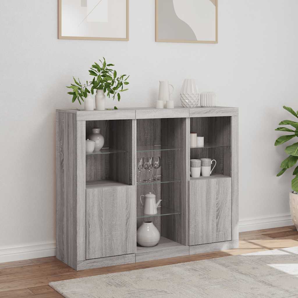 Buffets avec lumières LED 3 pcs sonoma gris bois d'ingénierie - XIOS