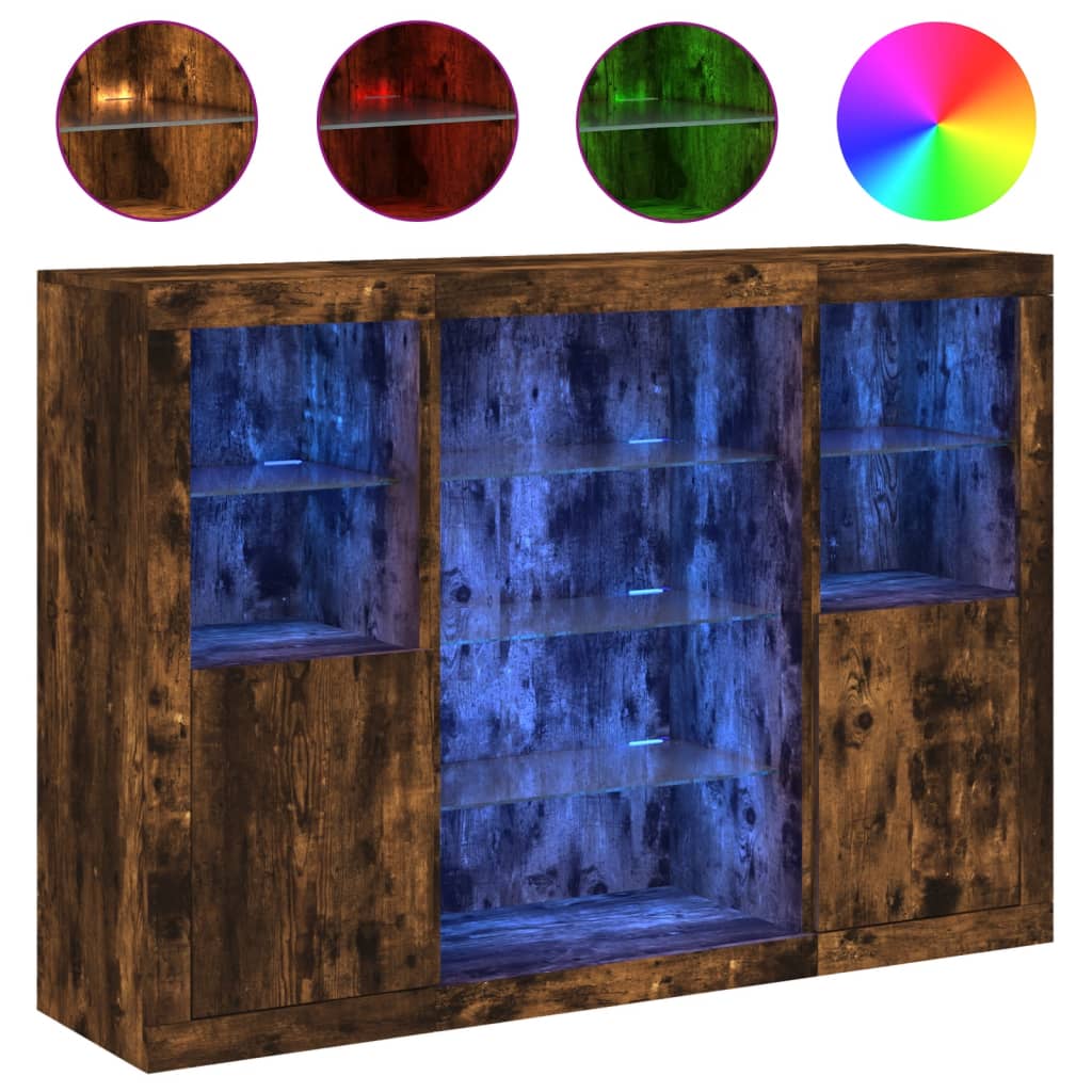 Buffets avec lumières LED 3 pcs chêne fumé bois d'ingénierie - XIOS