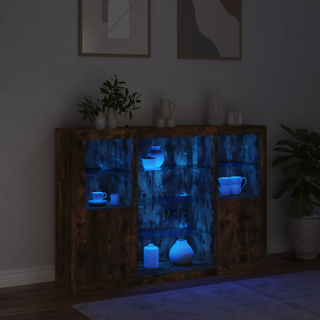 Buffets avec lumières LED 3 pcs chêne fumé bois d'ingénierie - XIOS