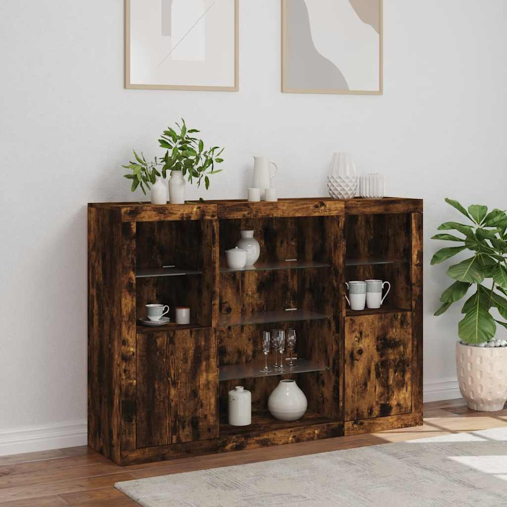 Buffets avec lumières LED 3 pcs chêne fumé bois d'ingénierie - XIOS