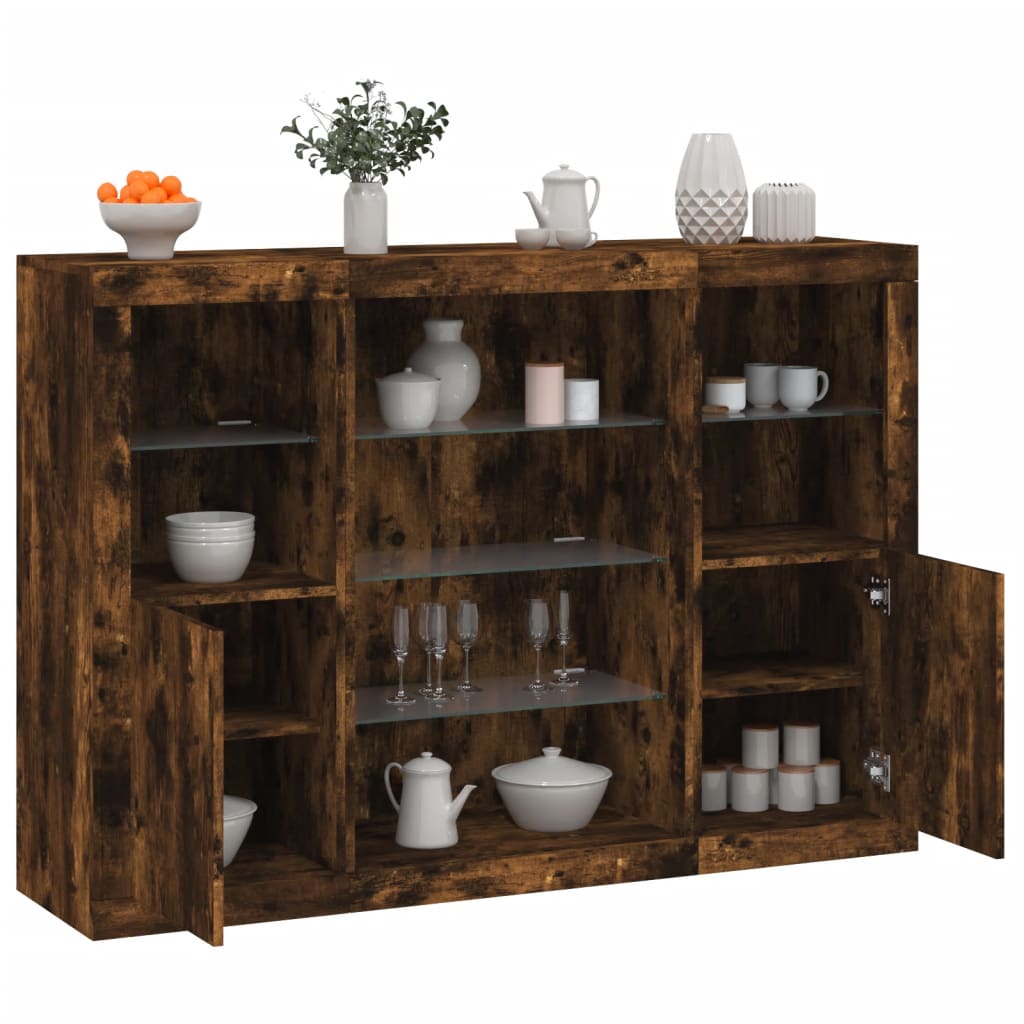 Buffets avec lumières LED 3 pcs chêne fumé bois d'ingénierie - XIOS