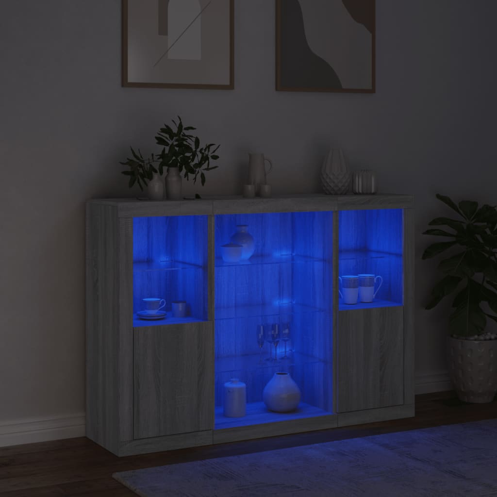 Buffets avec lumières LED 3 pcs sonoma gris bois d'ingénierie - XIOS