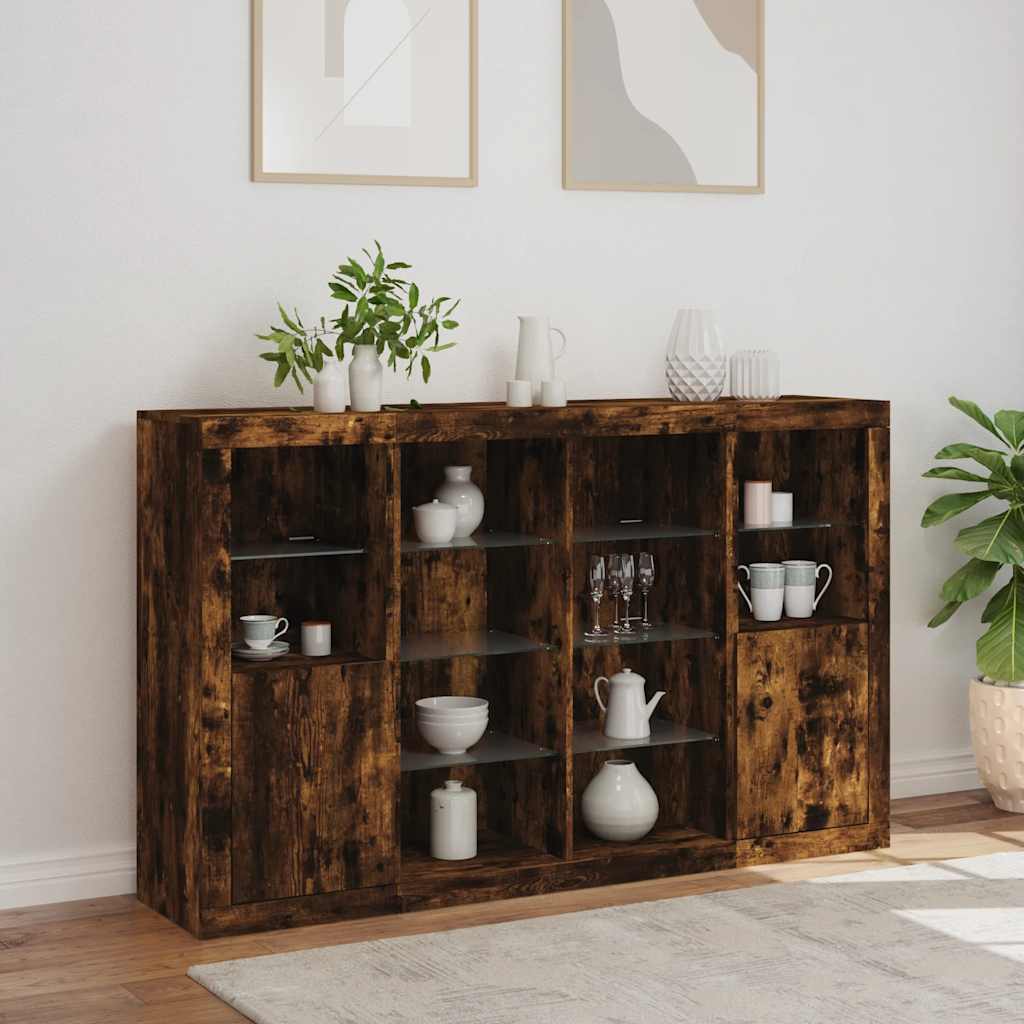 Buffets avec lumières LED 3 pcs chêne fumé bois d'ingénierie - XIOS