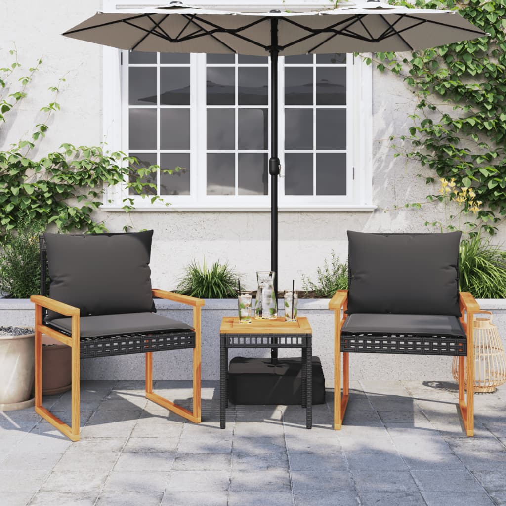 Ensemble de bistro 3 pcs et coussins noir résine tressée acacia - XIOS