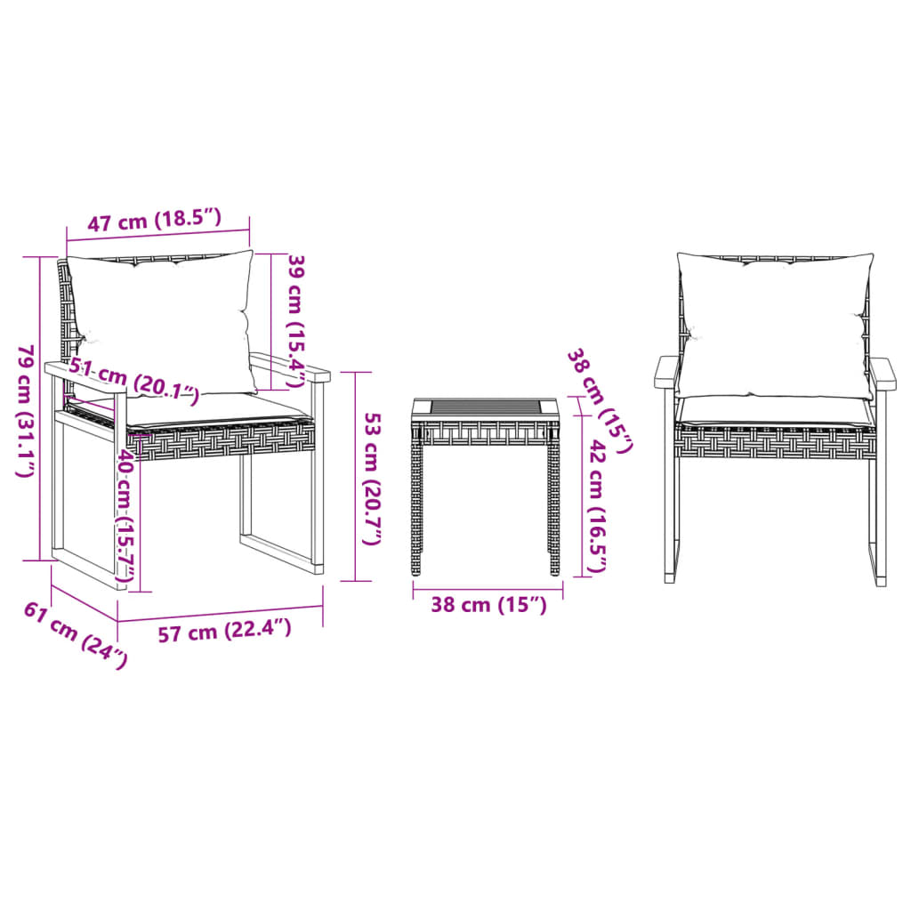 Ensemble de bistro 3 pcs et coussins noir résine tressée acacia - XIOS