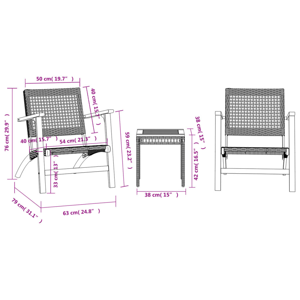 Ensemble de bistro 3 pcs noir résine tressée et bois d'acacia - XIOS